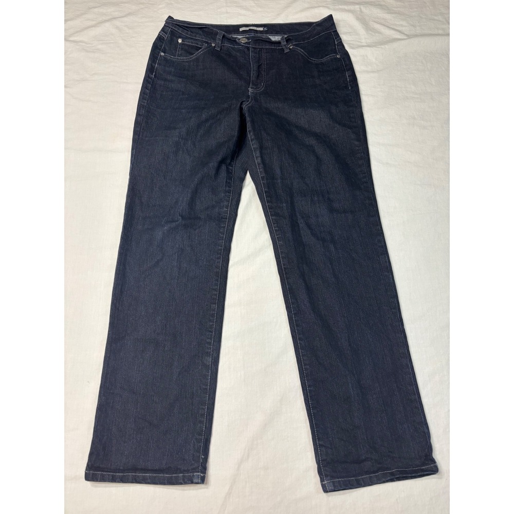 Bandolino Blu Mandie Straight Leg Jeans Dark Wash Indigo Embroidered Pockets 14